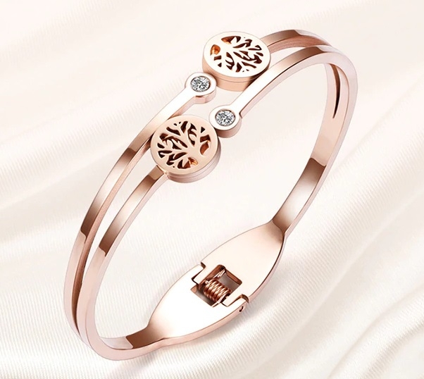 bransoletka stalowa, bransoletka różowe złoto, rose gold, bransoletka cyrkonie,  cyrkonie , bransoletka tree, bransoletka z drzewem, drzewko, zamykana bransoletka,