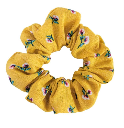 gumka, gumka do włosów, gumka scrunchies, żółta gumka, słoneczna gumka, gumka w kwiaty, kwiatowa gumka, drobne kwiatuszki, gumka dla dziewczynki, gumka dla kobiety, efektowna gumka, fryzura z scrunchies, modna fryzura