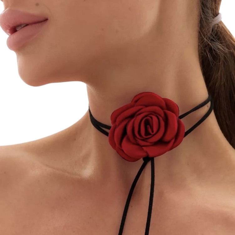 Naszyjnik choker z czerwoną różą z tkaniny, długi nylonowy rzemyk 155 cm