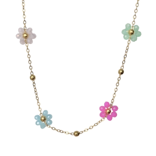 naszyjnik kolorowe kwiatuszki złote, naszyjnik kwiatuszki, naszyjnik stalowy, naszyjnik na lato, naszyjnik drobne kwiatuszki, naszyjnik dla dziewczynki, naszyjnik romantyczny