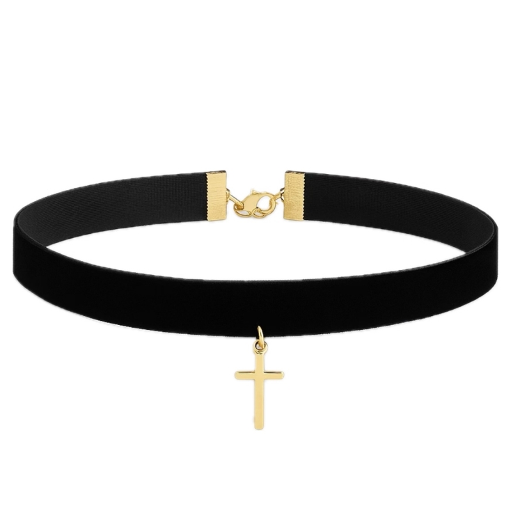 naszyjnik choker, krzyżyk krzyż czarna tasiemka na szyję rzemyk czarny na szyję, aksamitka naszyjnik,