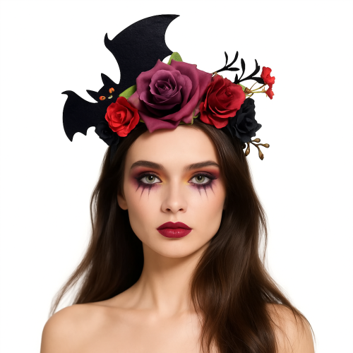 opaska wianek halloween kwiaty róże, opaska gotycka, opaska róże, wianek halloween, opaska nietoperz, opaska czarna z nietoperzem