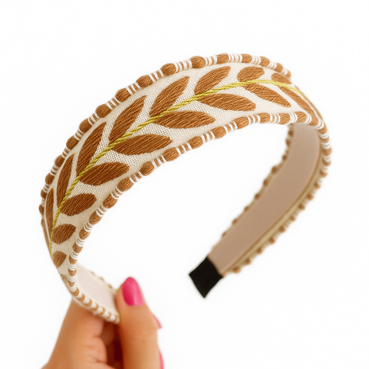 opaska listki, opaska brązowa, opaska romantyczna, opaska z haftem, opaska tkana, opaska klasyczna, opaska jesienna, opaska dla dziewczynki, opaska na głowę, opaska na sesję zdjęciową, opaska boho