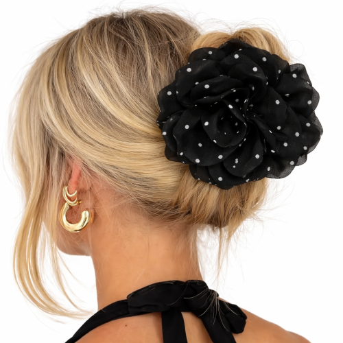 klamerka kwiat, klamerka retro, klamerka w kropki, spinka do sukienki, spinka materiałowa do włosów w kropki, spinka, spinka klamra, spinka do włosów, matowa spinka, duża klamra, klamerka, czarna spinka, akcesoria do włosów, praktyczna,