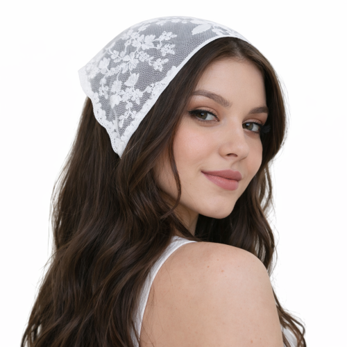 apaszka na głowę chusteczka biała,  ozdobna chusteczka na głowę, biała chusteczka haftowana, chusteczka na głowę tiulowa, apaszka,  chusteczka na głowę, romantyczna apaszka