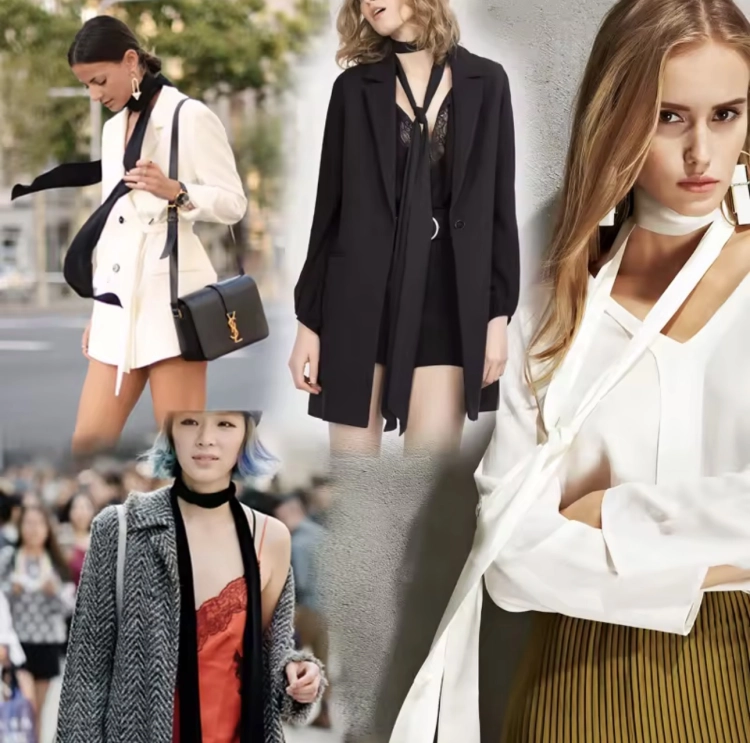 Apaszka na szyję, wąski szalik, wstążka do włosów, do torebki - kremowa satynowa