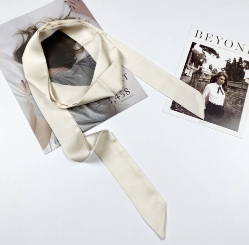 Apaszka na szyję, wąski szalik, wstążka do włosów, do torebki - kremowa satynowa