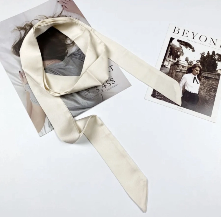 Apaszka na szyję, wąski szalik, wstążka do włosów, do torebki - kremowa satynowa