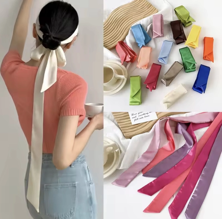 Apaszka na szyję, wąski szalik, wstążka do włosów, do torebki - kremowa satynowa