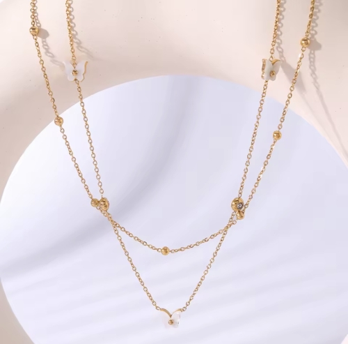 naszyjnik podwójny z motylkiem stalowy, naszyjnik celebrytka, naszyjnik złoty stalowy, naszyjnik choker, naszyjnik ślubny, naszyjnik na wesele, delikatny naszyjnik,naszyjnik łańcuszek z kuleczkami,