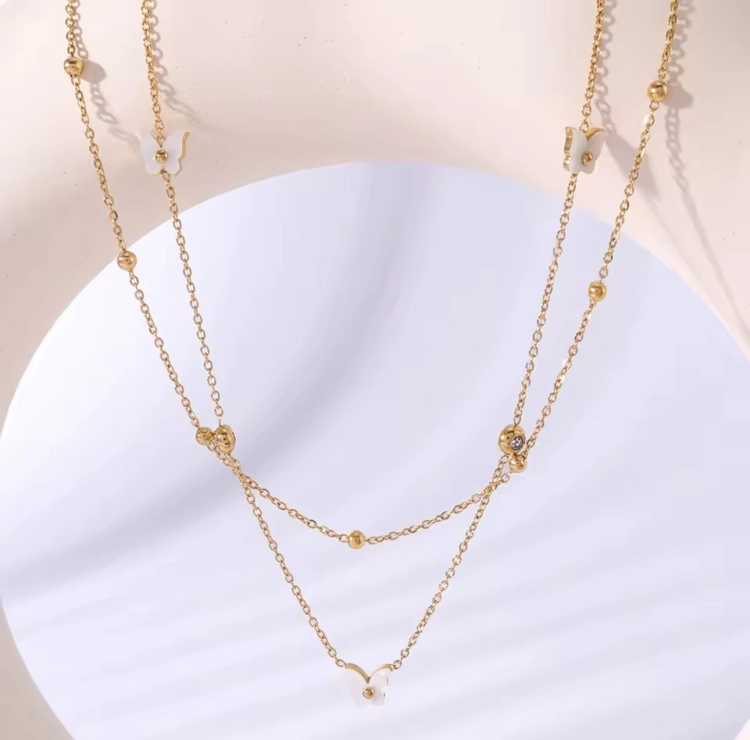 naszyjnik podwójny z motylkiem stalowy, naszyjnik celebrytka, naszyjnik złoty stalowy, naszyjnik choker, naszyjnik ślubny, naszyjnik na wesele, delikatny naszyjnik,naszyjnik łańcuszek z kuleczkami,