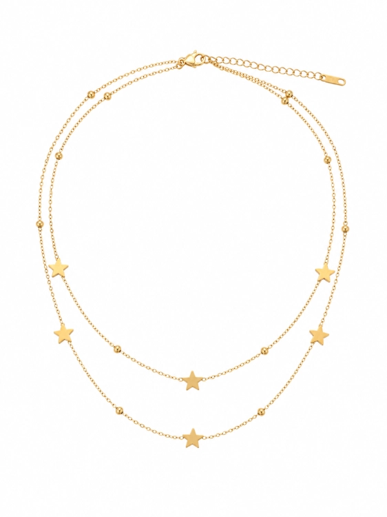 naszyjnik podwójny z gwiazdkami stalowy, naszyjnik celebrytka, naszyjnik złoty stalowy, naszyjnik choker, naszyjnik na wesele, delikatny naszyjnik, naszyjnik łańcuszek z kuleczkami, prezent, prezent dla niej,