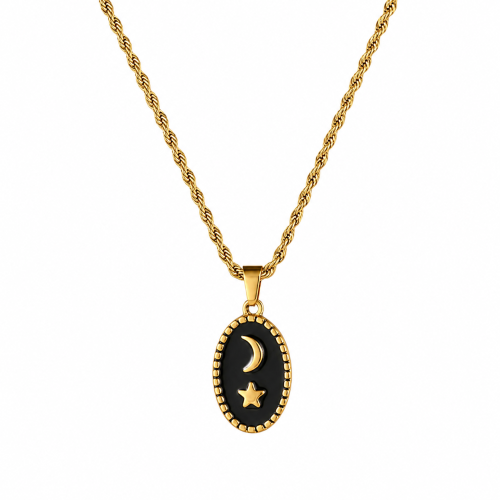 naszyjnik amulet z czarnym oczkiem, złoty naszyjnik z gwiazdką, naszyjnik stalowy księżyc, stal chirurgiczna, zawieszka z gwiazdką, zawieszka z księżycem, naszyjnik z zawieszką czarną, naszyjnik elegancki, naszyjnik na złotym łańcuszku,