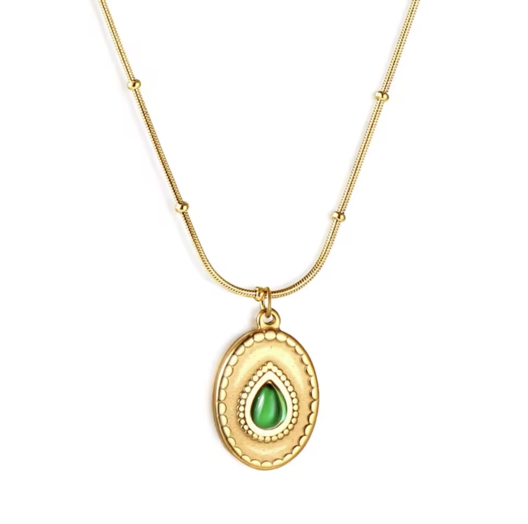 naszyjnik amulet szmaragd łezka, złoty naszyjnik z kryształkiem zielonym, naszyjnik stalowy łezka, stal chirurgiczna, zawieszka z kryształkiem, naszyjnik ze złotą zawieszką, naszyjnik elegancki, naszyjnik zielony szmaragd