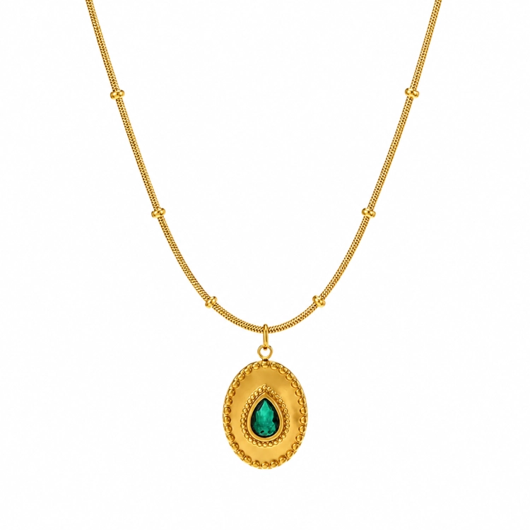 naszyjnik amulet szmaragd łezka, złoty naszyjnik z kryształkiem zielonym, naszyjnik stalowy łezka, stal chirurgiczna, zawieszka z kryształkiem, naszyjnik ze złotą zawieszką, naszyjnik elegancki, naszyjnik zielony szmaragd