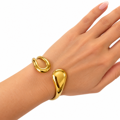 bransoletka ze stali, bransoletka mankiet, bransoletka szeroka sztywna, bransoletka modna, modna biżuteria, bransoletka cuff, bransoletka na żakiet, złota szeroka bransoletka, elegancka bransoletka, falowana bransoletka ze stali,