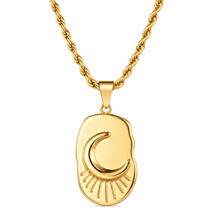 naszyjnik amulet z czarnym oczkiem, złoty naszyjnik z gwiazdką, naszyjnik stalowy księżyc, stal chirurgiczna, zawieszka z gwiazdką, zawieszka z księżycem, naszyjnik