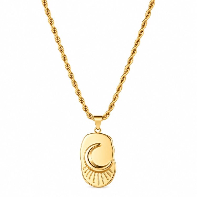 naszyjnik amulet z czarnym oczkiem, złoty naszyjnik z gwiazdką, naszyjnik stalowy księżyc, stal chirurgiczna, zawieszka z gwiazdką, zawieszka z księżycem, naszyjnik