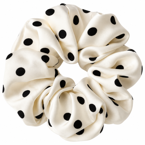 gumka do włosów w kropki, satynowa gumka kremowa, biała gumka, satin, scrunchies, elastyczna, delikatna gumka, miękka gumka do włosów,