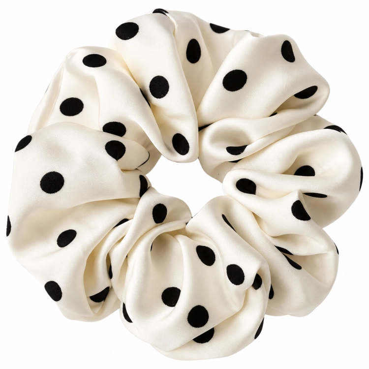 gumka do włosów w kropki, satynowa gumka kremowa, biała gumka, satin, scrunchies, elastyczna, delikatna gumka, miękka gumka do włosów,