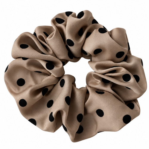 gumka do włosów w kropki, satynowa gumka brązowa, brązowa gumka, satin, scrunchies, elastyczna, delikatna gumka, miękka gumka do włosów, błyszcząca, prezent,