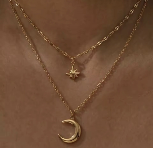 naszyjnik podwójny z gwiazdką stalowy, naszyjnik celebrytka, naszyjnik złoty stalowy, naszyjnik choker, naszyjnik księżyc, delikatny naszyjnik, naszyjnik amulet księżyc gwiazdka, naszyjnik na gwiazdkę