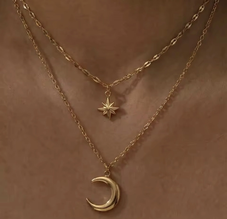 naszyjnik podwójny z gwiazdką stalowy, naszyjnik celebrytka, naszyjnik złoty stalowy, naszyjnik choker, naszyjnik księżyc, delikatny naszyjnik, naszyjnik amulet księżyc gwiazdka, naszyjnik na gwiazdkę