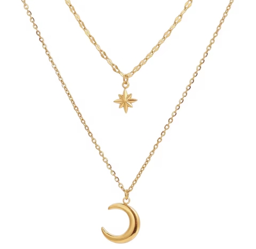naszyjnik podwójny z gwiazdką stalowy, naszyjnik celebrytka, naszyjnik złoty stalowy, naszyjnik choker, naszyjnik księżyc, delikatny naszyjnik, naszyjnik amulet księżyc gwiazdka, naszyjnik na gwiazdkę