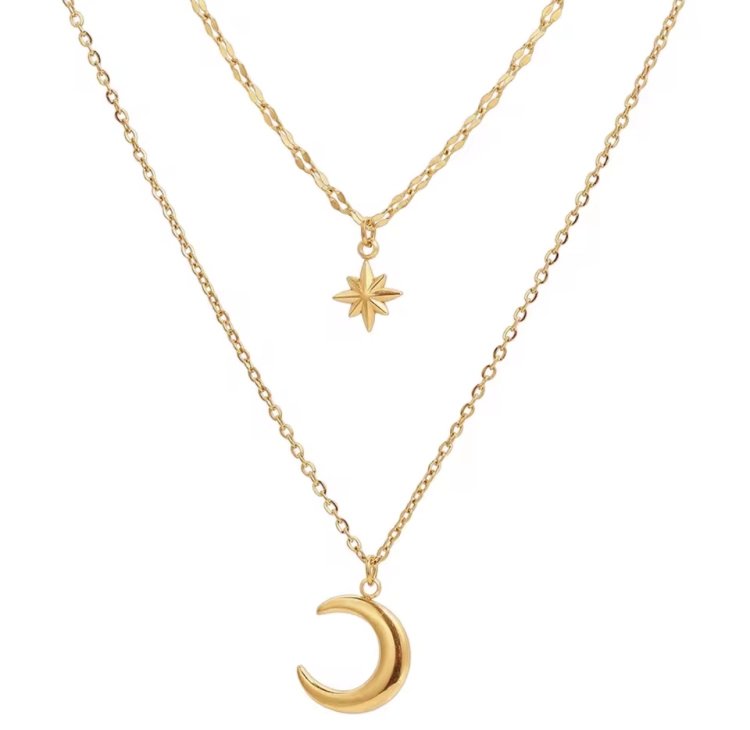 naszyjnik podwójny z gwiazdką stalowy, naszyjnik celebrytka, naszyjnik złoty stalowy, naszyjnik choker, naszyjnik księżyc, delikatny naszyjnik, naszyjnik amulet księżyc gwiazdka, naszyjnik na gwiazdkę