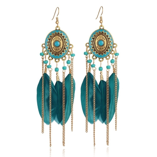 kolczyki pióra, kolczyki boho, kolczyki festiwal, długie kolczyki z piórami, kolczyki turkusowe, kolczyki dla hipiski, kolczyki piórka, kolczyki vintage, kolczyki złote